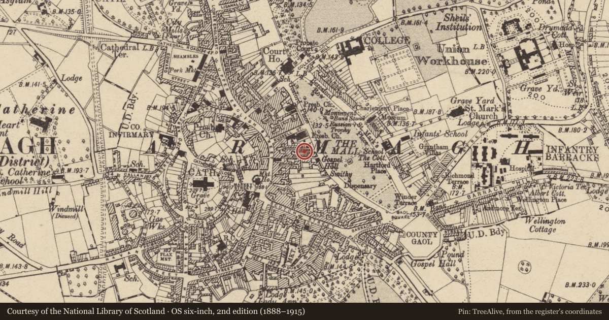 Ordnance Survey six-inch map, 2nd edition (1888–1915) covering the location of 7 Jenny'S Row, Armagh City, Banbridge and Craigavon, with a pin at the register's coordinates