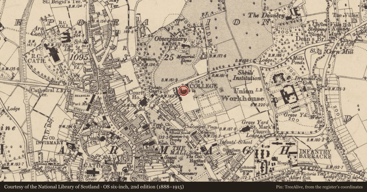 Ordnance Survey six-inch map, 2nd edition (1888–1915) covering the location of Royal School, Armagh City, Banbridge and Craigavon, with a pin at the register's coordinates
