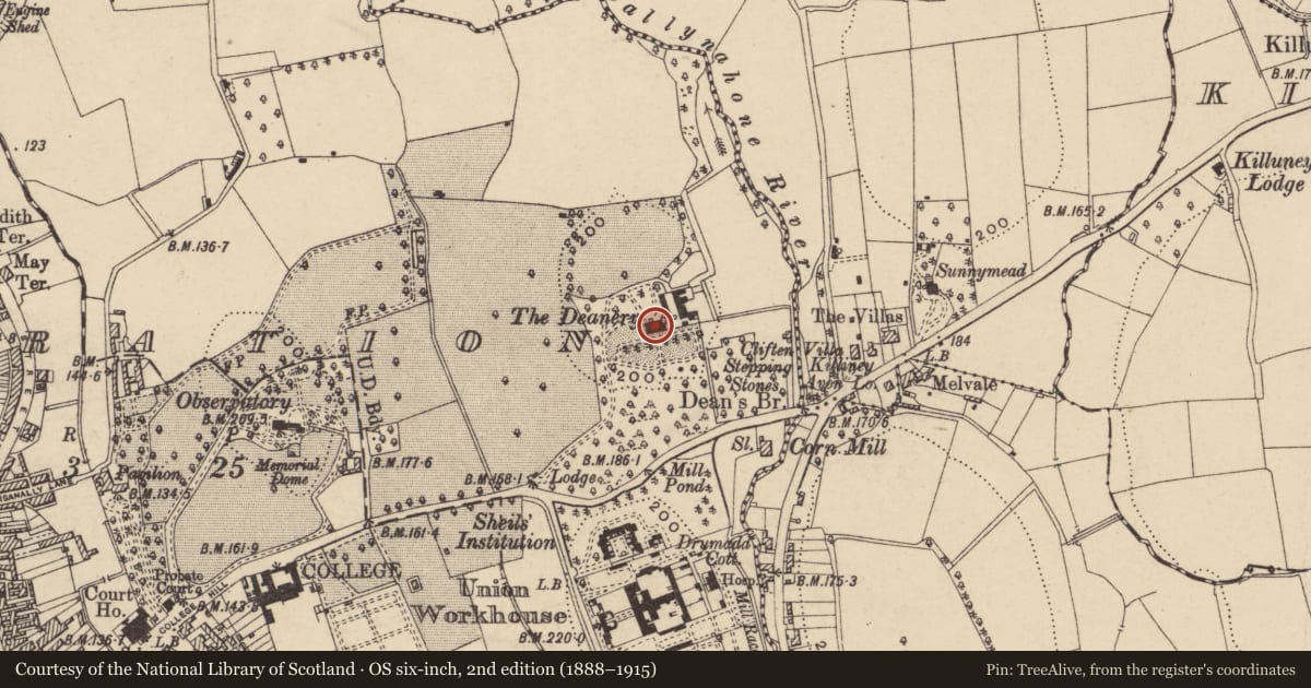 Ordnance Survey six-inch map, 2nd edition (1888–1915) covering the location of Dean'S Hill, Armagh City, Banbridge and Craigavon, with a pin at the register's coordinates
