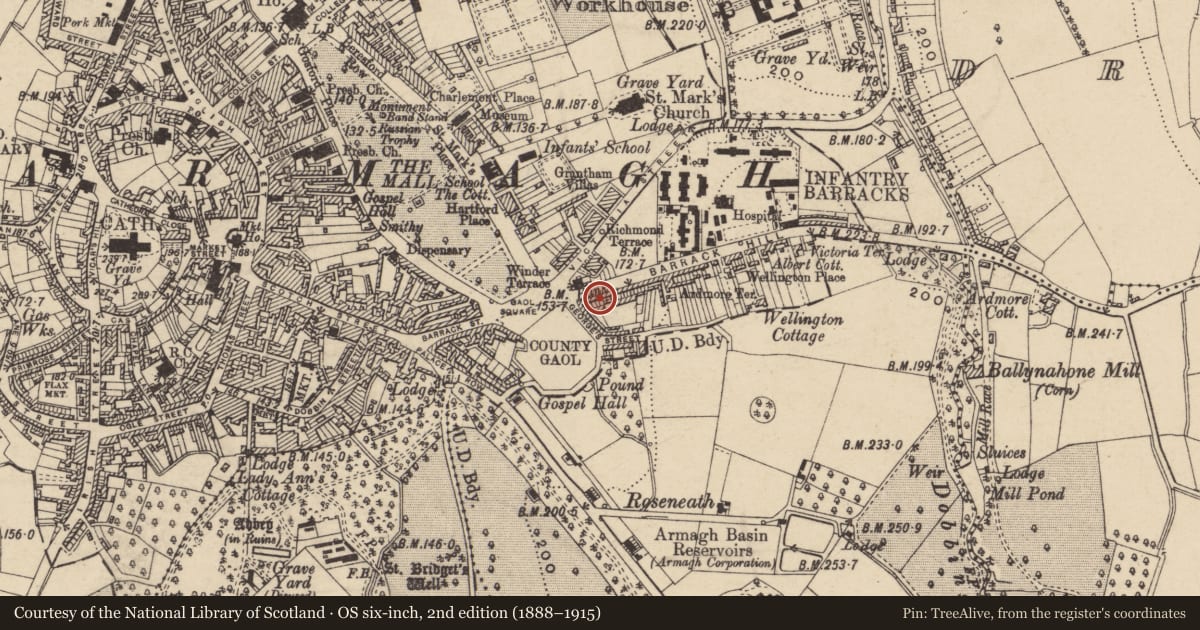 Ordnance Survey six-inch map, 2nd edition (1888–1915) covering the location of 9 Barrack Hill, Armagh City, Banbridge and Craigavon, with a pin at the register's coordinates