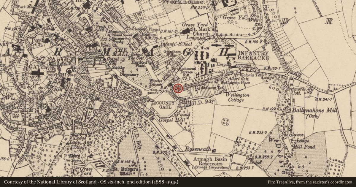 Ordnance Survey six-inch map, 2nd edition (1888–1915) covering the location of 11 Barrack Hill, Armagh City, Banbridge and Craigavon, with a pin at the register's coordinates