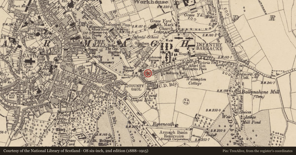 Ordnance Survey six-inch map, 2nd edition (1888–1915) covering the location of 11A Barrack Hill, Armagh City, Banbridge and Craigavon, with a pin at the register's coordinates