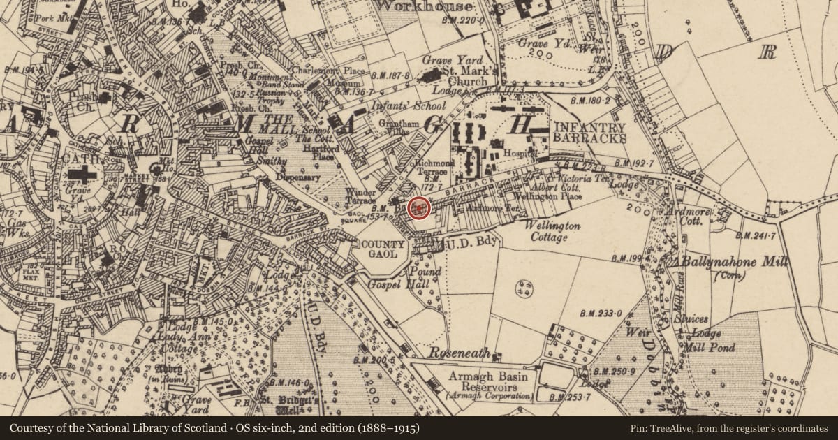 Ordnance Survey six-inch map, 2nd edition (1888–1915) covering the location of 15 Barrack Hill, Armagh City, Banbridge and Craigavon, with a pin at the register's coordinates