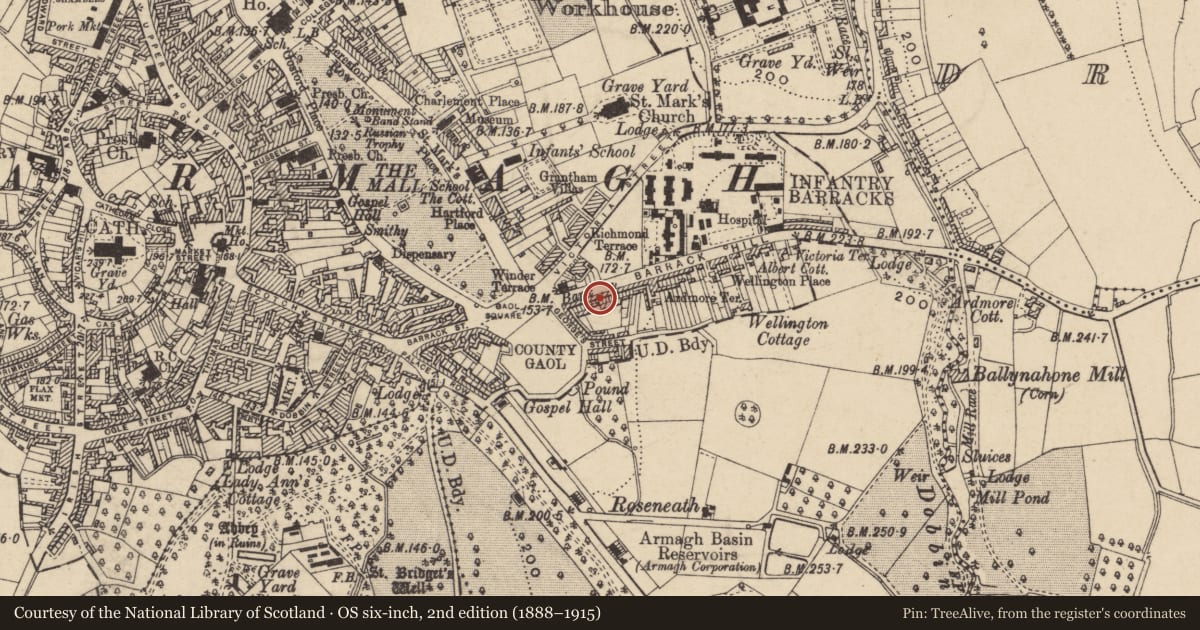 Ordnance Survey six-inch map, 2nd edition (1888–1915) covering the location of 17 Barrack Hill, Armagh City, Banbridge and Craigavon, with a pin at the register's coordinates