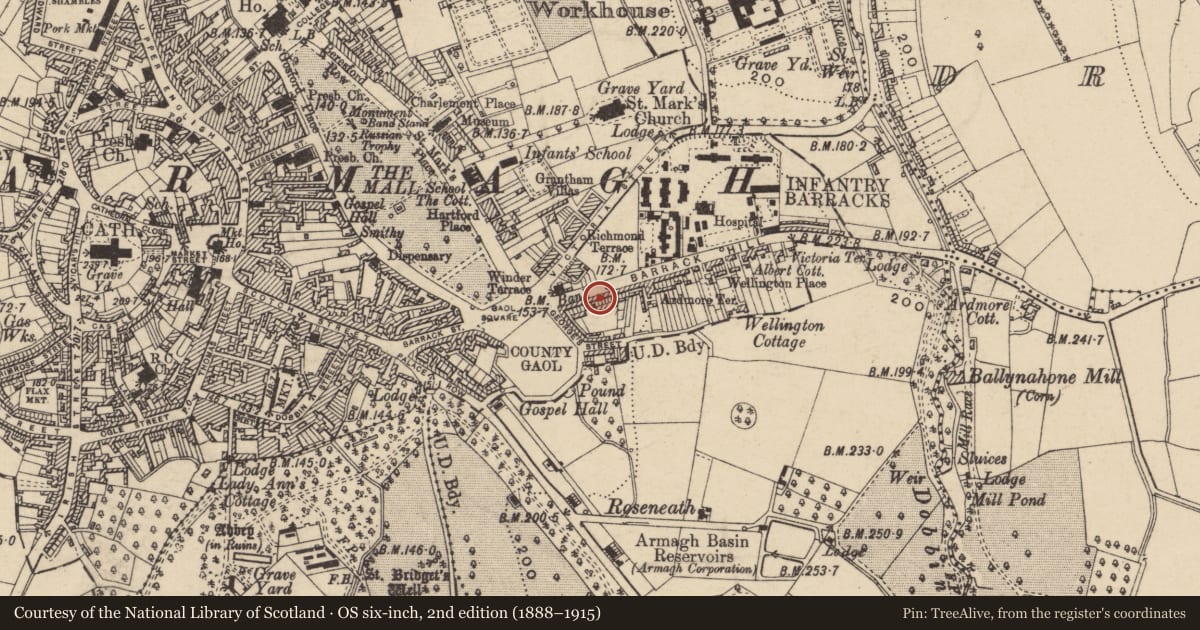 Ordnance Survey six-inch map, 2nd edition (1888–1915) covering the location of 19 Barrack Hill, Armagh City, Banbridge and Craigavon, with a pin at the register's coordinates