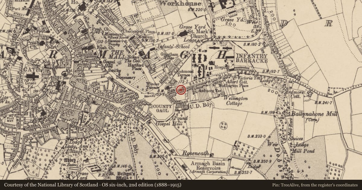 Ordnance Survey six-inch map, 2nd edition (1888–1915) covering the location of 21 Barrack Hill, Armagh City, Banbridge and Craigavon, with a pin at the register's coordinates