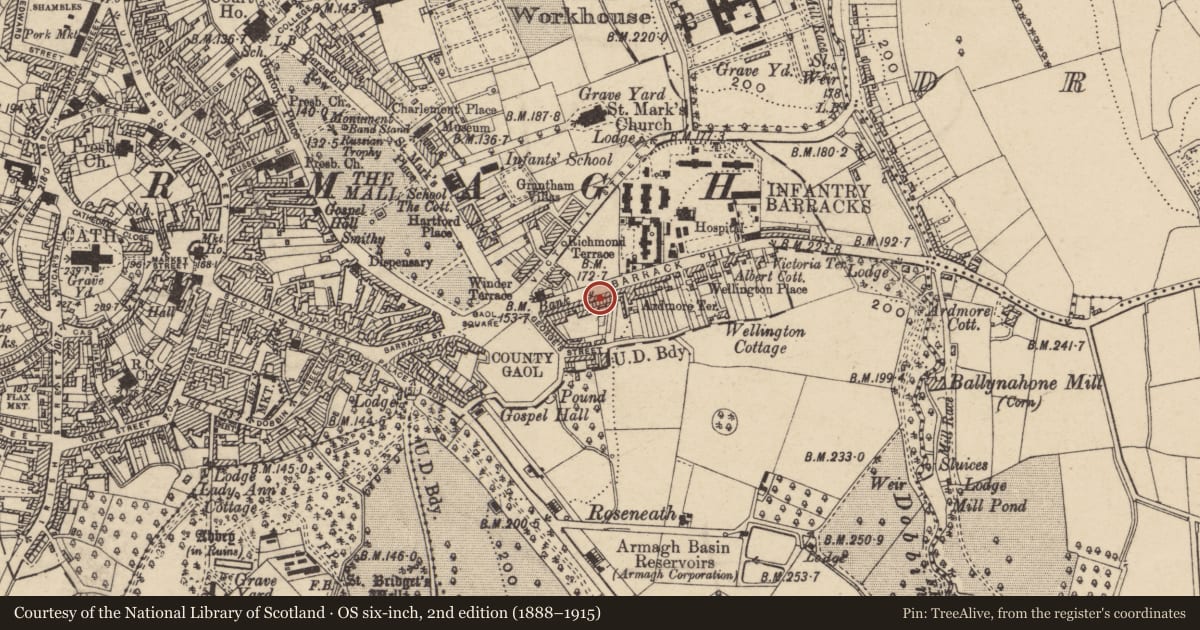 Ordnance Survey six-inch map, 2nd edition (1888–1915) covering the location of 31 Barrack Hill, Armagh City, Banbridge and Craigavon, with a pin at the register's coordinates