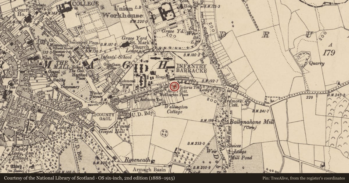 Ordnance Survey six-inch map, 2nd edition (1888–1915) covering the location of Victoria House, Armagh City, Banbridge and Craigavon, with a pin at the register's coordinates