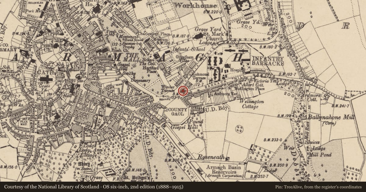 Ordnance Survey six-inch map, 2nd edition (1888–1915) covering the location of Trustee Savings Bank, Armagh City, Banbridge and Craigavon, with a pin at the register's coordinates