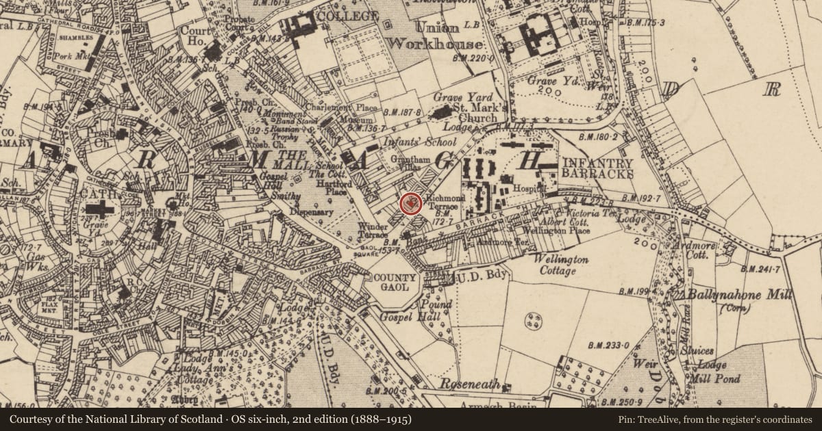 Ordnance Survey six-inch map, 2nd edition (1888–1915) covering the location of 12 Victoria St., Armagh City, Banbridge and Craigavon, with a pin at the register's coordinates