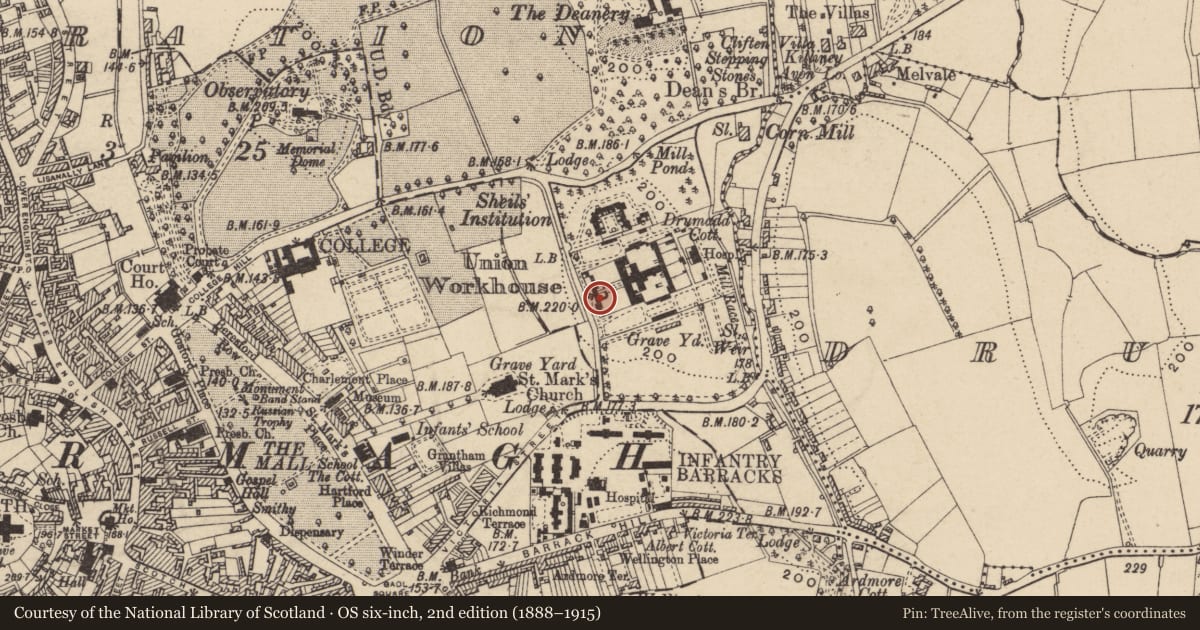 Ordnance Survey six-inch map, 2nd edition (1888–1915) covering the location of West Administration Block, Armagh City, Banbridge and Craigavon, with a pin at the register's coordinates