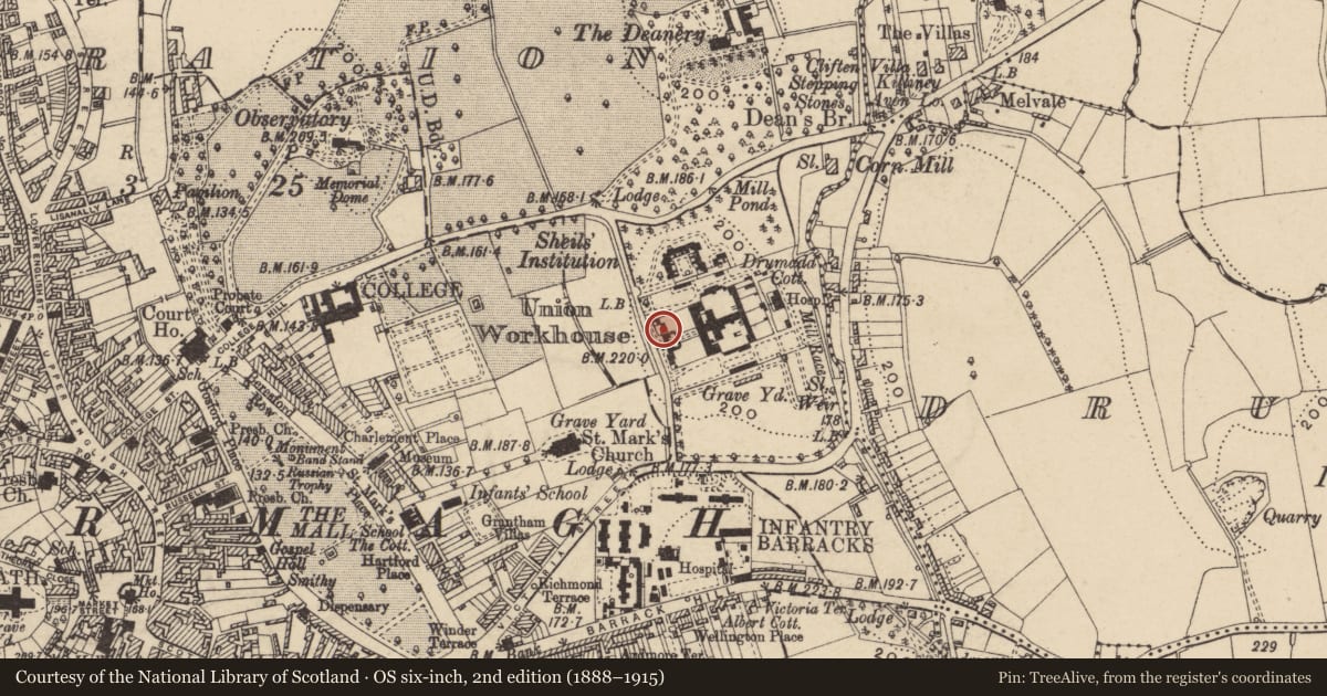 Ordnance Survey six-inch map, 2nd edition (1888–1915) covering the location of Board Room And Register Office, Armagh City, Banbridge and Craigavon, with a pin at the register's coordinates