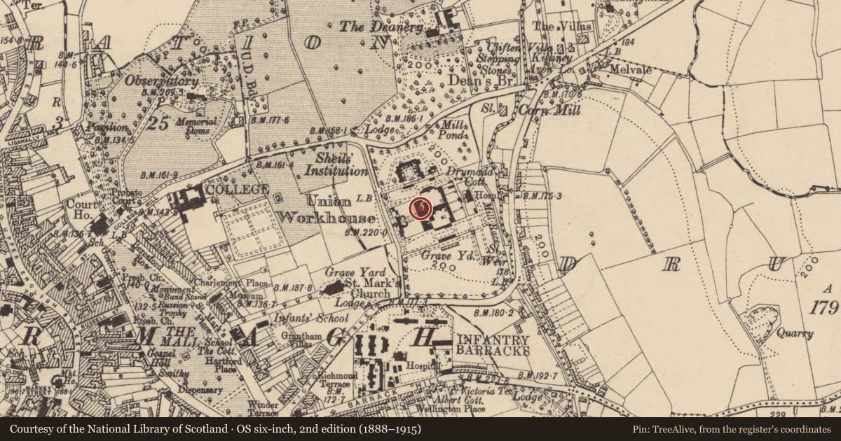 Ordnance Survey six-inch map, 2nd edition (1888–1915) covering the location of Main Ward Block, Armagh City, Banbridge and Craigavon, with a pin at the register's coordinates