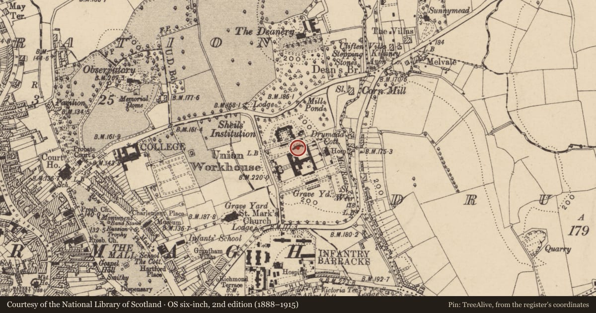 Ordnance Survey six-inch map, 2nd edition (1888–1915) covering the location of Boundary Yard And Walls, Armagh City, Banbridge and Craigavon, with a pin at the register's coordinates
