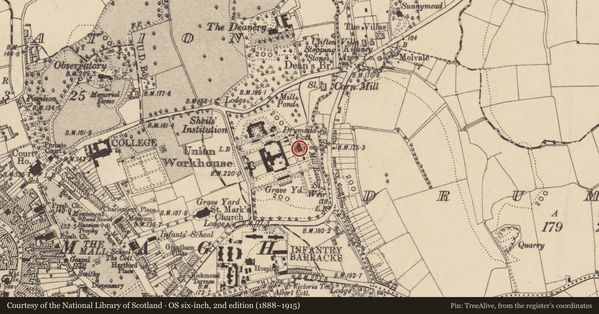Ordnance Survey six-inch map, 2nd edition (1888–1915) covering the location of East Administration Block, Armagh City, Banbridge and Craigavon, with a pin at the register's coordinates