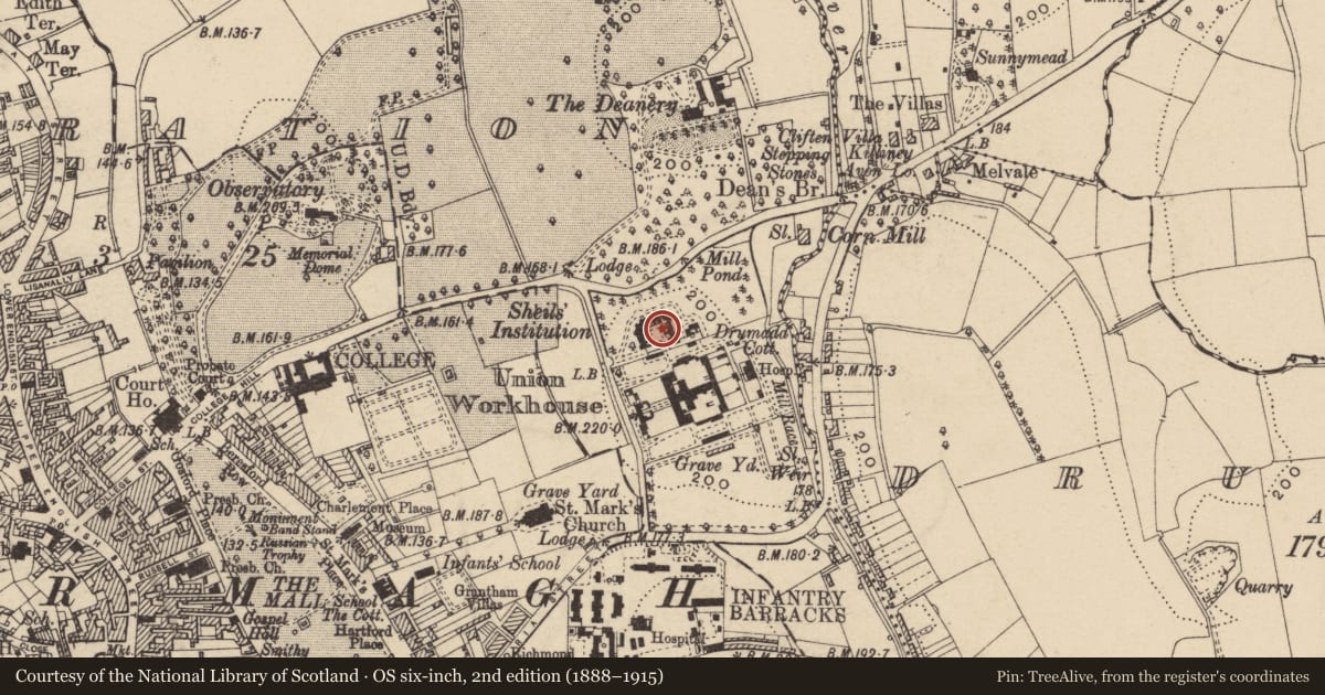 Ordnance Survey six-inch map, 2nd edition (1888–1915) covering the location of Charles Shiels Institution, Armagh City, Banbridge and Craigavon, with a pin at the register's coordinates