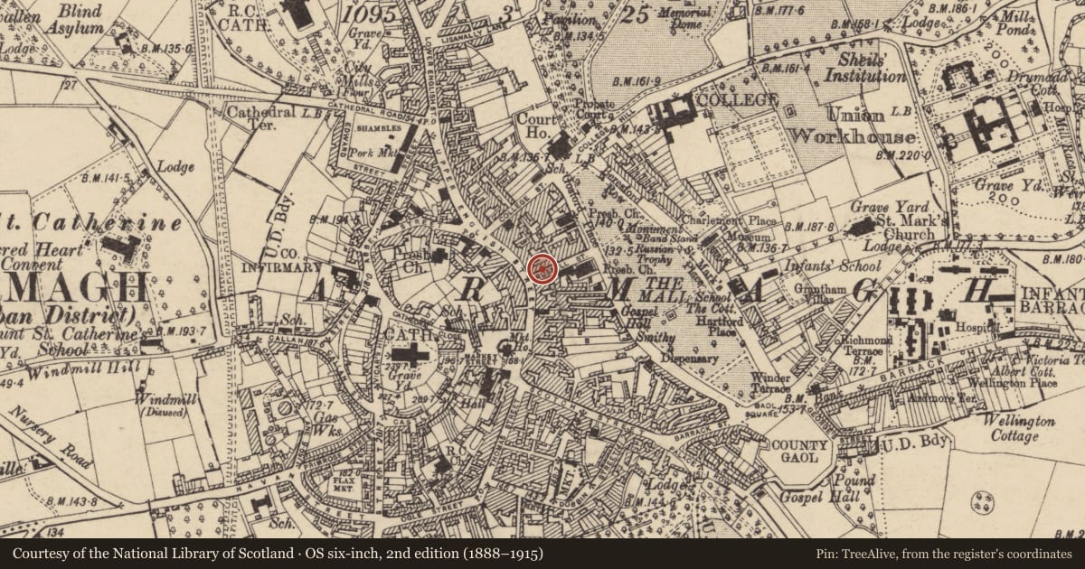 Ordnance Survey six-inch map, 2nd edition (1888–1915) covering the location of 4 Russell St., Armagh City, Banbridge and Craigavon, with a pin at the register's coordinates