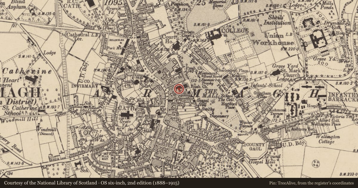 Ordnance Survey six-inch map, 2nd edition (1888–1915) covering the location of 5 Russell St., Armagh City, Banbridge and Craigavon, with a pin at the register's coordinates