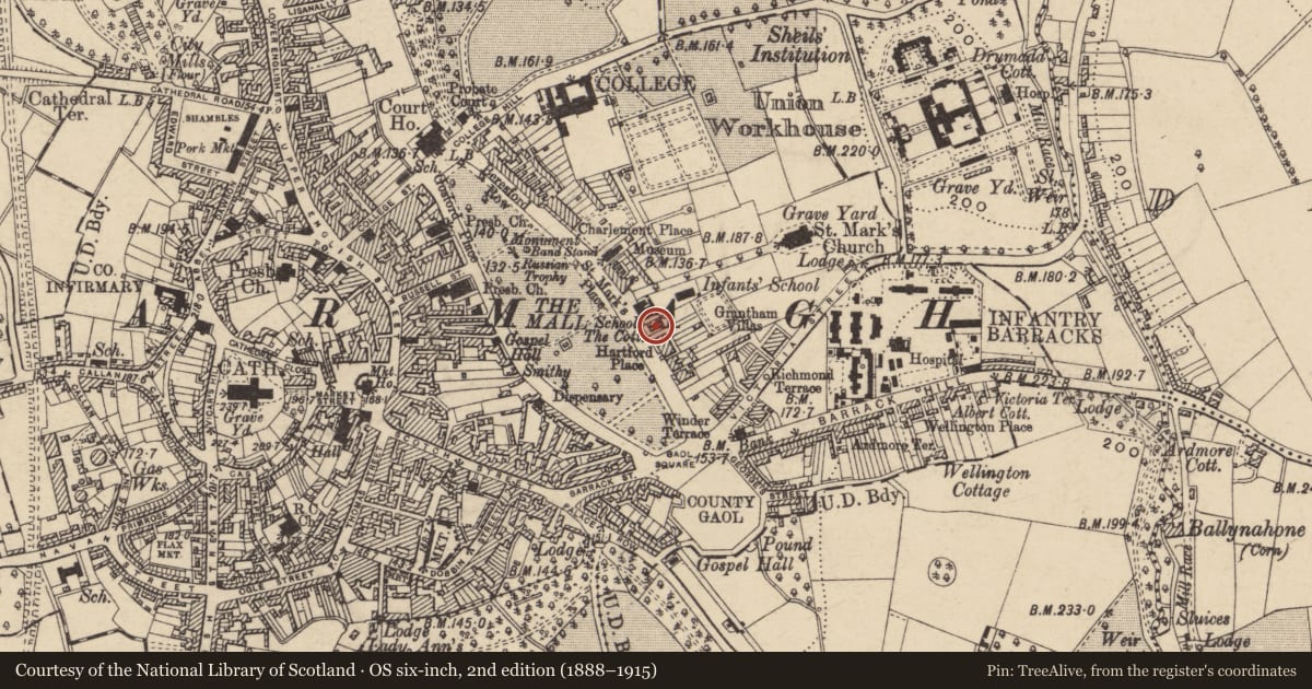Ordnance Survey six-inch map, 2nd edition (1888–1915) covering the location of GLENDARA, Armagh City, Banbridge and Craigavon, with a pin at the register's coordinates