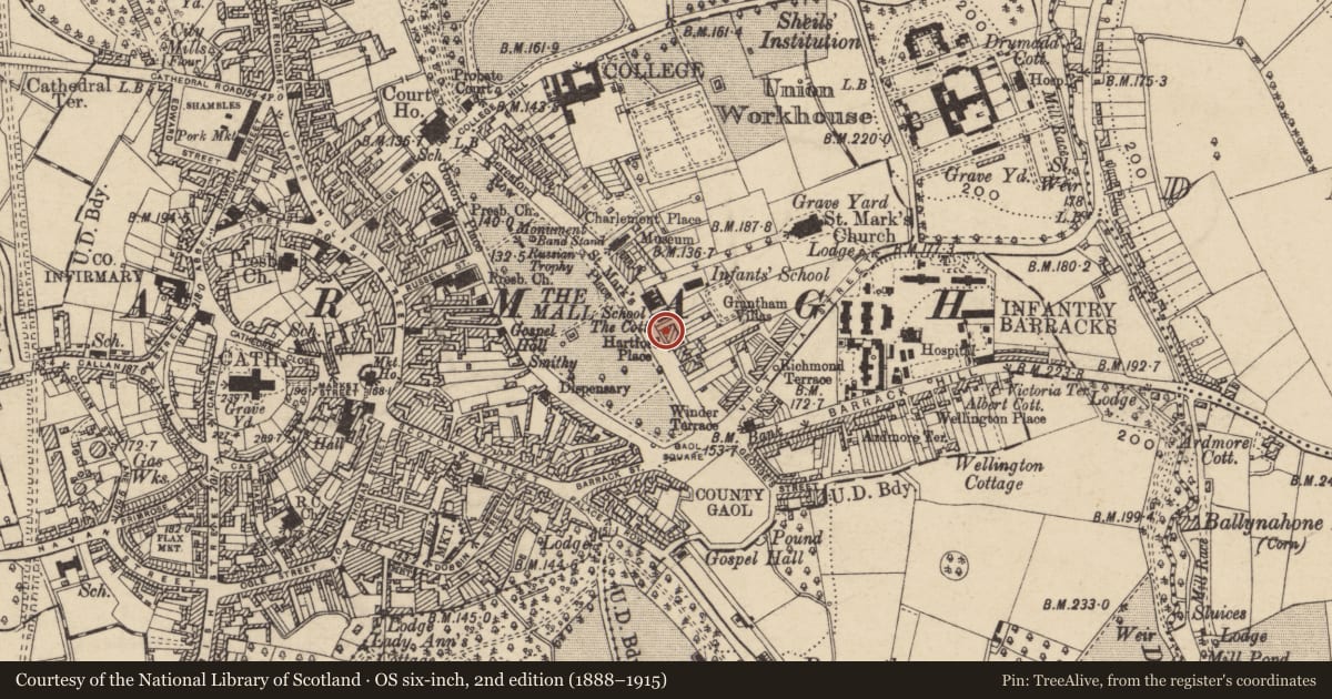 Ordnance Survey six-inch map, 2nd edition (1888–1915) covering the location of 1 Hartford Place, Armagh City, Banbridge and Craigavon, with a pin at the register's coordinates