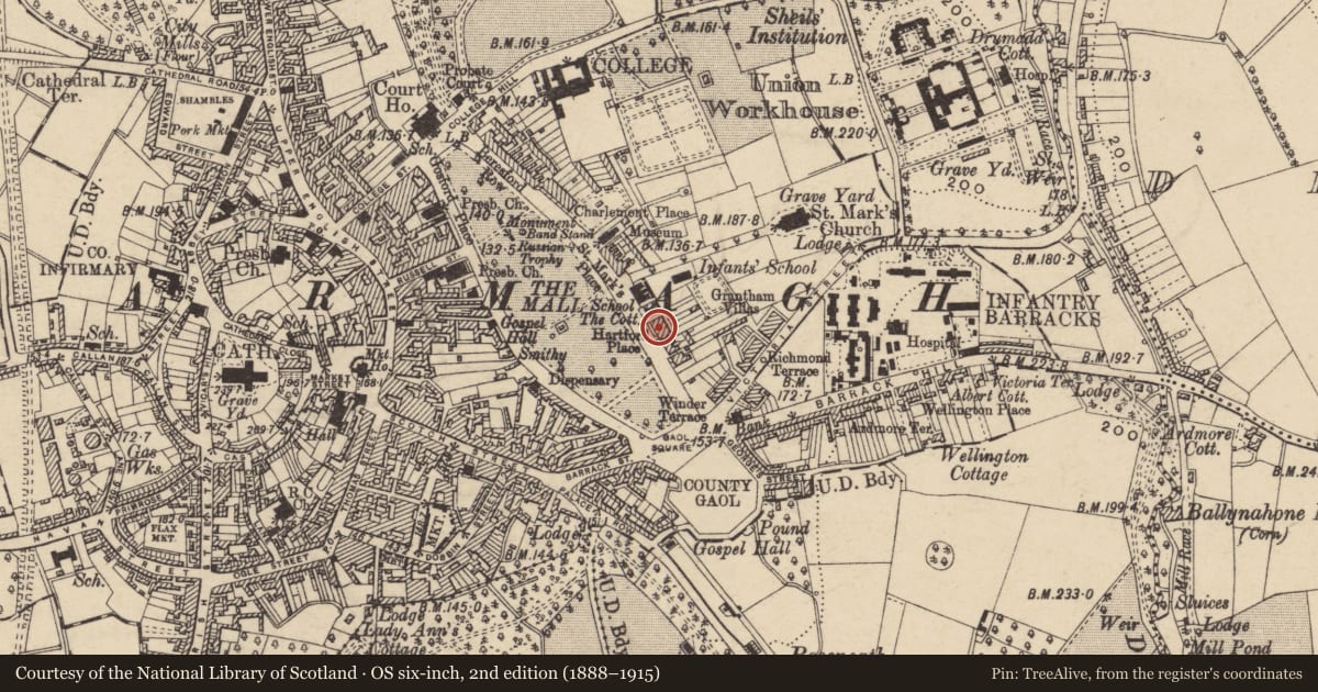 Ordnance Survey six-inch map, 2nd edition (1888–1915) covering the location of 2 Hartford Place, Armagh City, Banbridge and Craigavon, with a pin at the register's coordinates