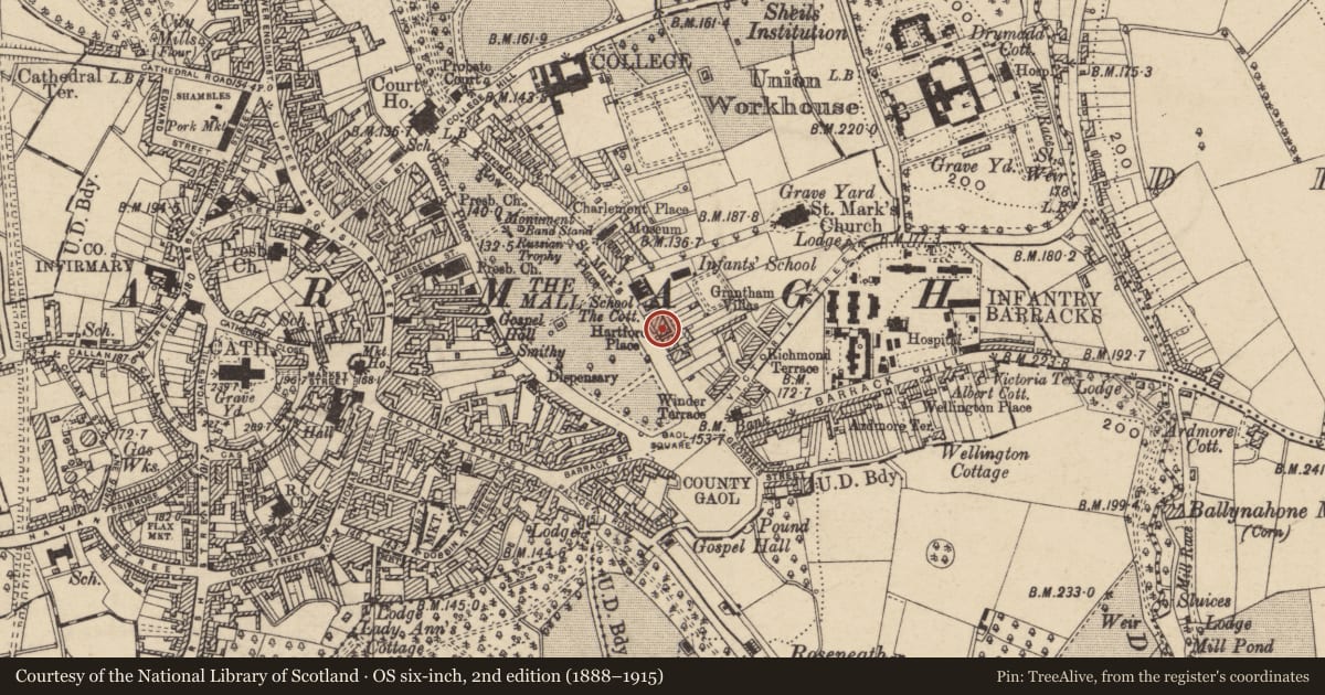 Ordnance Survey six-inch map, 2nd edition (1888–1915) covering the location of 3 Hartford Place, Armagh City, Banbridge and Craigavon, with a pin at the register's coordinates
