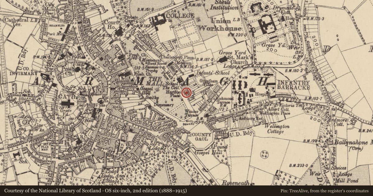Ordnance Survey six-inch map, 2nd edition (1888–1915) covering the location of 4 Hartford Place, Armagh City, Banbridge and Craigavon, with a pin at the register's coordinates