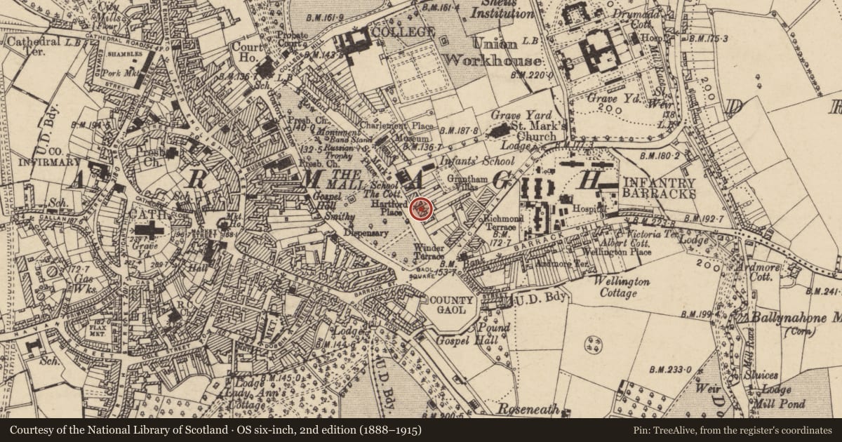 Ordnance Survey six-inch map, 2nd edition (1888–1915) covering the location of 5 Hartford Place, Armagh City, Banbridge and Craigavon, with a pin at the register's coordinates