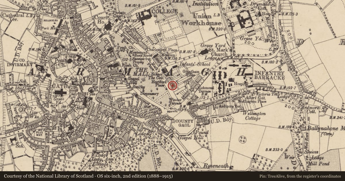 Ordnance Survey six-inch map, 2nd edition (1888–1915) covering the location of 6 Hartford Place, Armagh City, Banbridge and Craigavon, with a pin at the register's coordinates