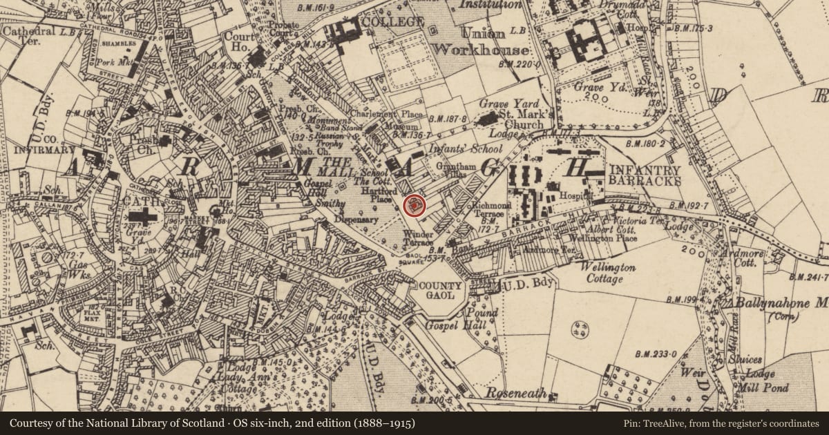 Ordnance Survey six-inch map, 2nd edition (1888–1915) covering the location of 7 Hartford Place, Armagh City, Banbridge and Craigavon, with a pin at the register's coordinates