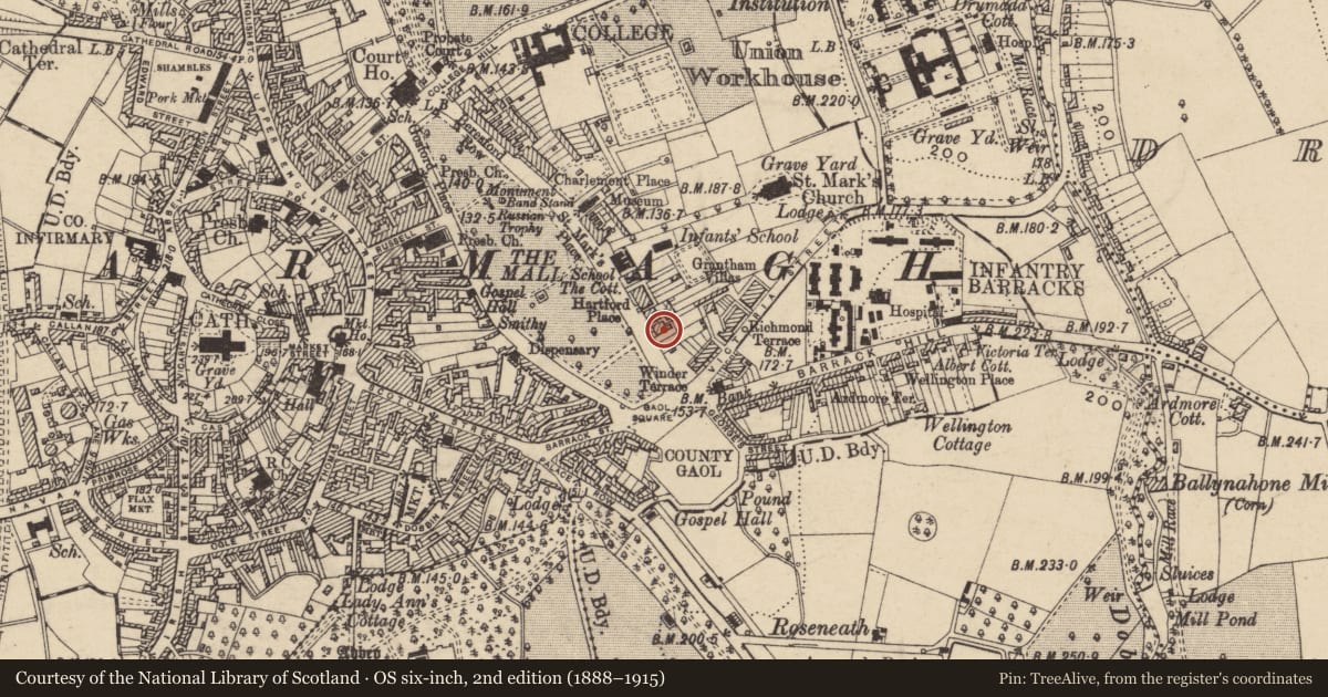 Ordnance Survey six-inch map, 2nd edition (1888–1915) covering the location of 8 Hartford Place, Armagh City, Banbridge and Craigavon, with a pin at the register's coordinates