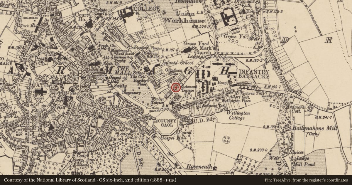 Ordnance Survey six-inch map, 2nd edition (1888–1915) covering the location of 14 Victoria St., Armagh City, Banbridge and Craigavon, with a pin at the register's coordinates