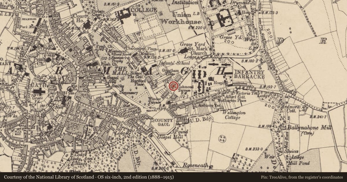 Ordnance Survey six-inch map, 2nd edition (1888–1915) covering the location of 18 Victoria St., Armagh City, Banbridge and Craigavon, with a pin at the register's coordinates