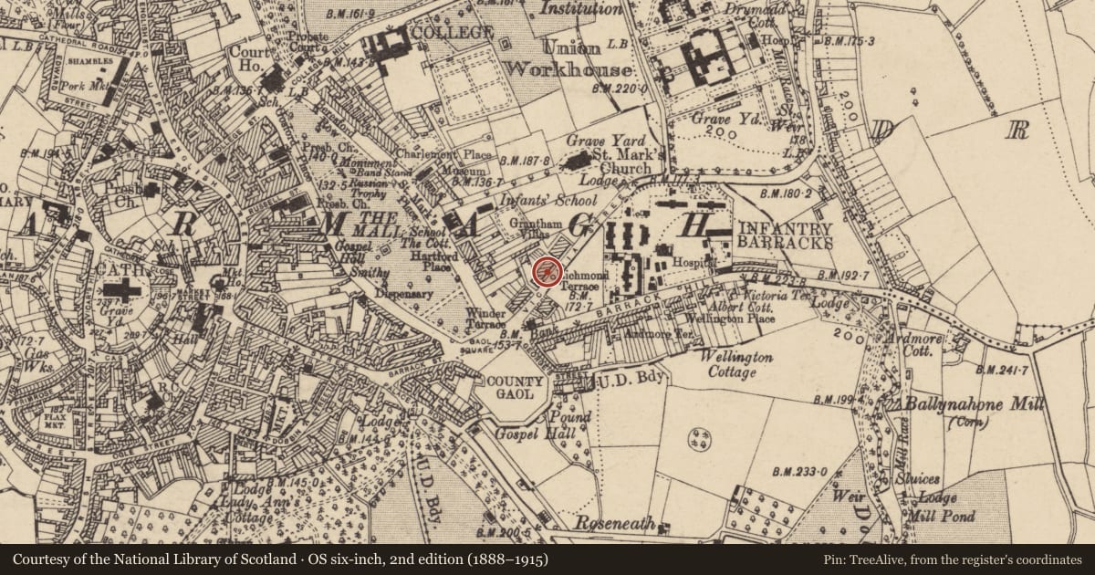 Ordnance Survey six-inch map, 2nd edition (1888–1915) covering the location of 20 Victoria St., Armagh City, Banbridge and Craigavon, with a pin at the register's coordinates