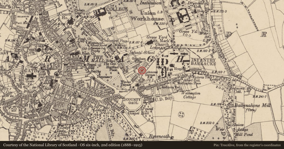 Ordnance Survey six-inch map, 2nd edition (1888–1915) covering the location of 22 Victoria St., Armagh City, Banbridge and Craigavon, with a pin at the register's coordinates