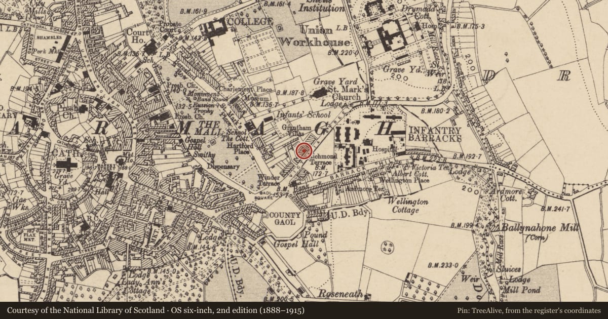 Ordnance Survey six-inch map, 2nd edition (1888–1915) covering the location of 24 Victoria St., Armagh City, Banbridge and Craigavon, with a pin at the register's coordinates