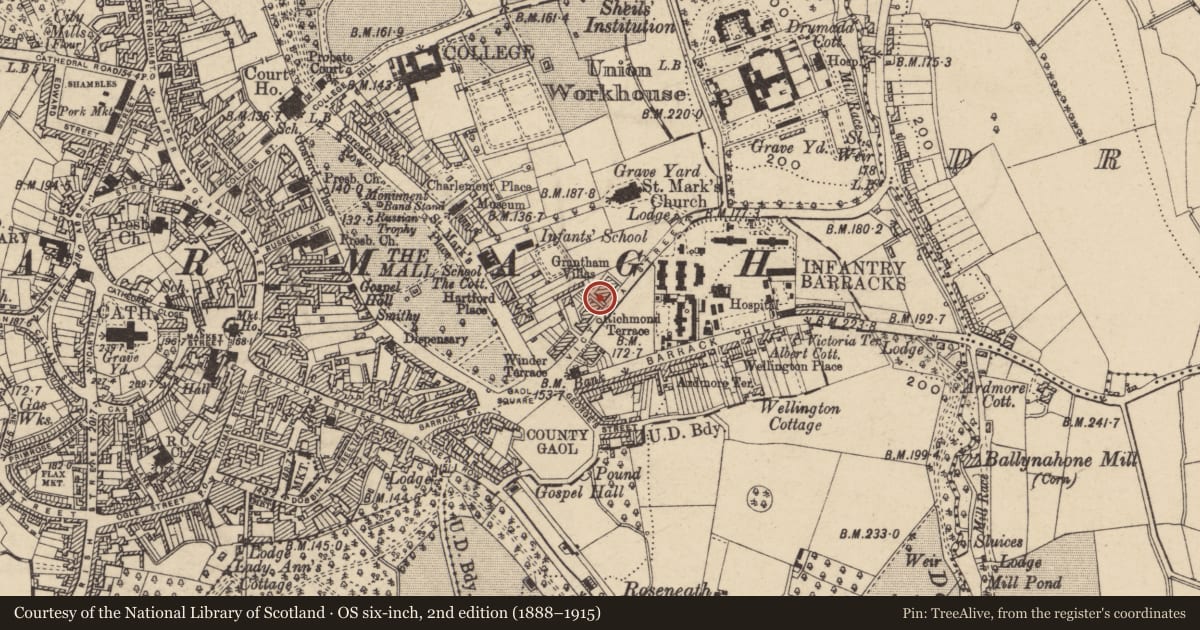 Ordnance Survey six-inch map, 2nd edition (1888–1915) covering the location of 26 Victoria St., Armagh City, Banbridge and Craigavon, with a pin at the register's coordinates