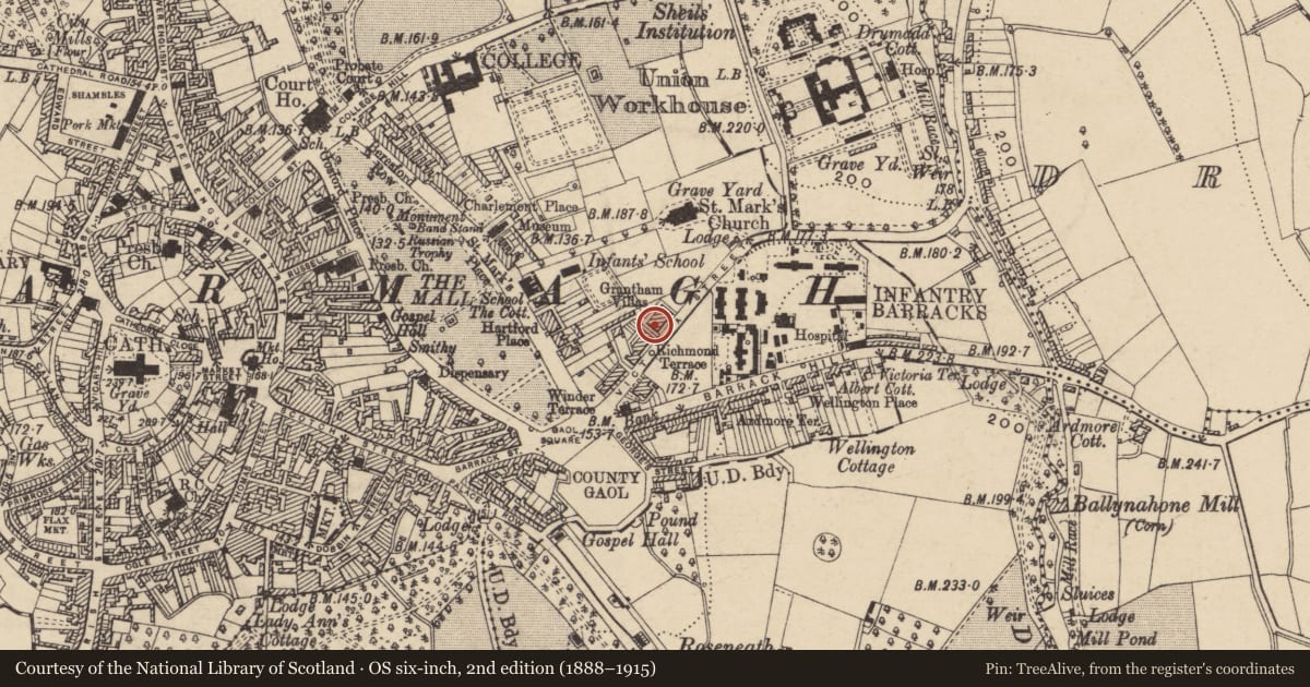 Ordnance Survey six-inch map, 2nd edition (1888–1915) covering the location of 28 Victoria St., Armagh City, Banbridge and Craigavon, with a pin at the register's coordinates