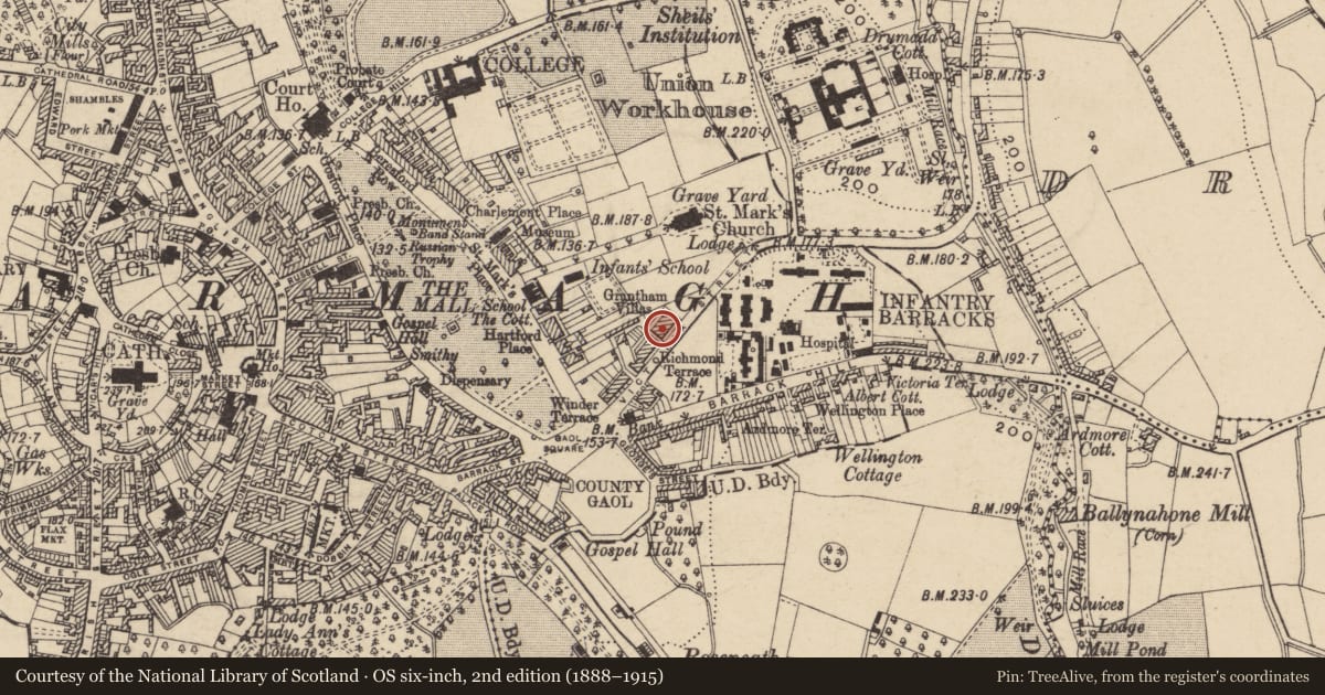 Ordnance Survey six-inch map, 2nd edition (1888–1915) covering the location of 30 Victoria St., Armagh City, Banbridge and Craigavon, with a pin at the register's coordinates