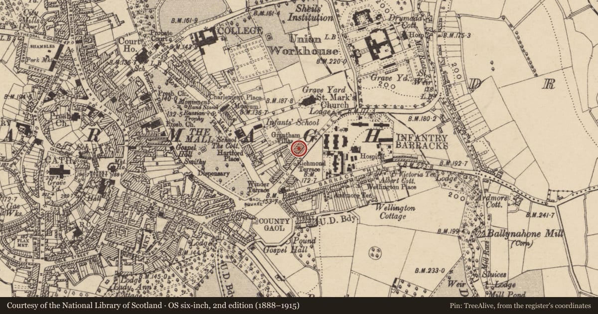 Ordnance Survey six-inch map, 2nd edition (1888–1915) covering the location of 32 Victoria St., Armagh City, Banbridge and Craigavon, with a pin at the register's coordinates