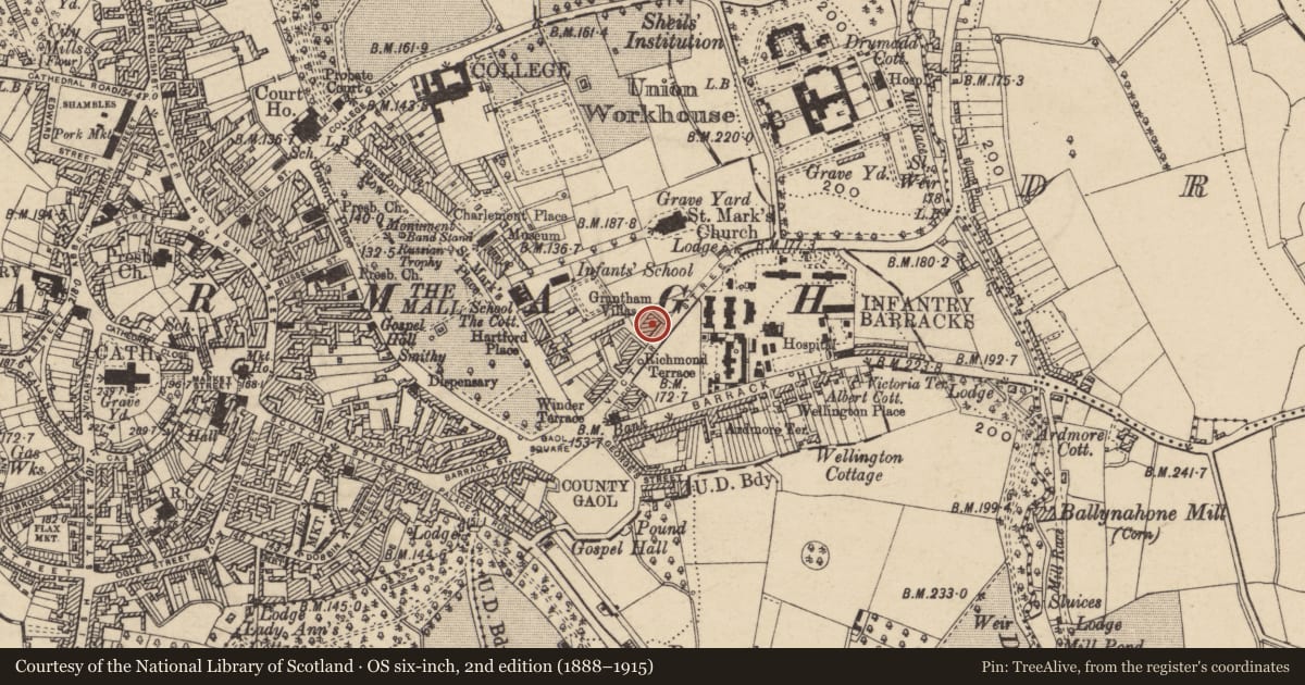 Ordnance Survey six-inch map, 2nd edition (1888–1915) covering the location of 34 Victoria St., Armagh City, Banbridge and Craigavon, with a pin at the register's coordinates