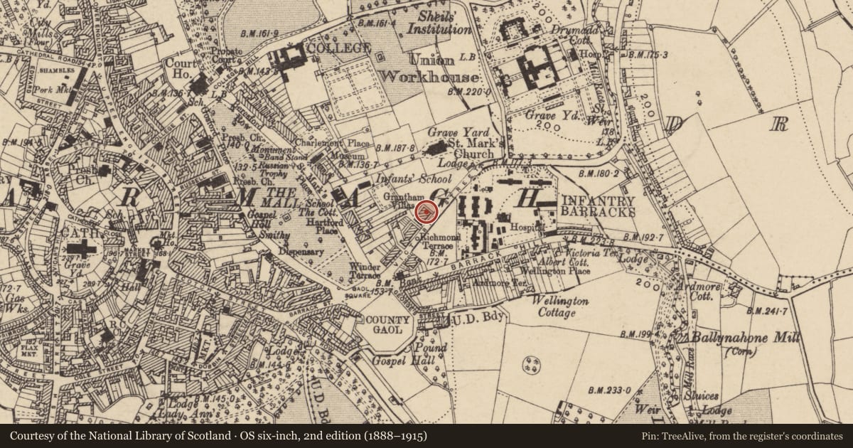 Ordnance Survey six-inch map, 2nd edition (1888–1915) covering the location of 36 Victoria St., Armagh City, Banbridge and Craigavon, with a pin at the register's coordinates
