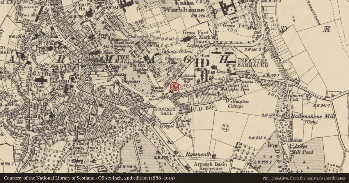 Ordnance Survey six-inch map, 2nd edition (1888–1915) covering the location of 3 Victoria St., Armagh City, Banbridge and Craigavon, with a pin at the register's coordinates