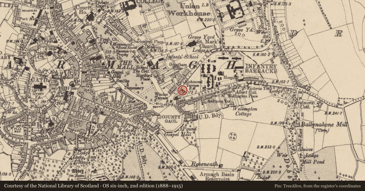 Ordnance Survey six-inch map, 2nd edition (1888–1915) covering the location of 9 Victoria St., Armagh City, Banbridge and Craigavon, with a pin at the register's coordinates