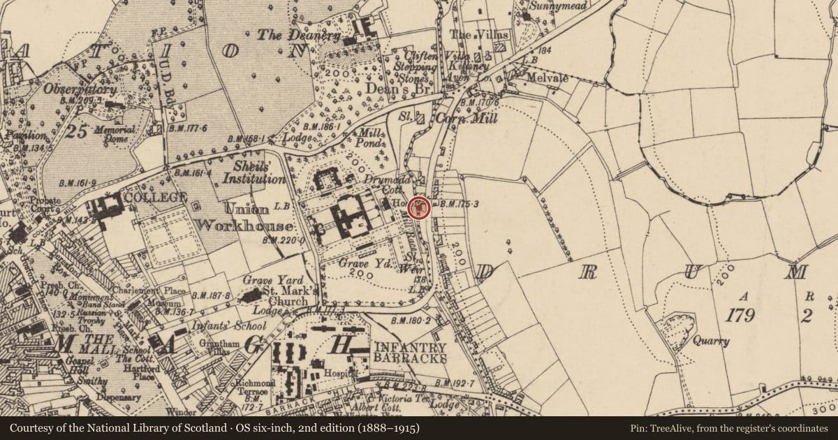 Ordnance Survey six-inch map, 2nd edition (1888–1915) covering the location of 2 Meredith Place, with a pin at the register's coordinates