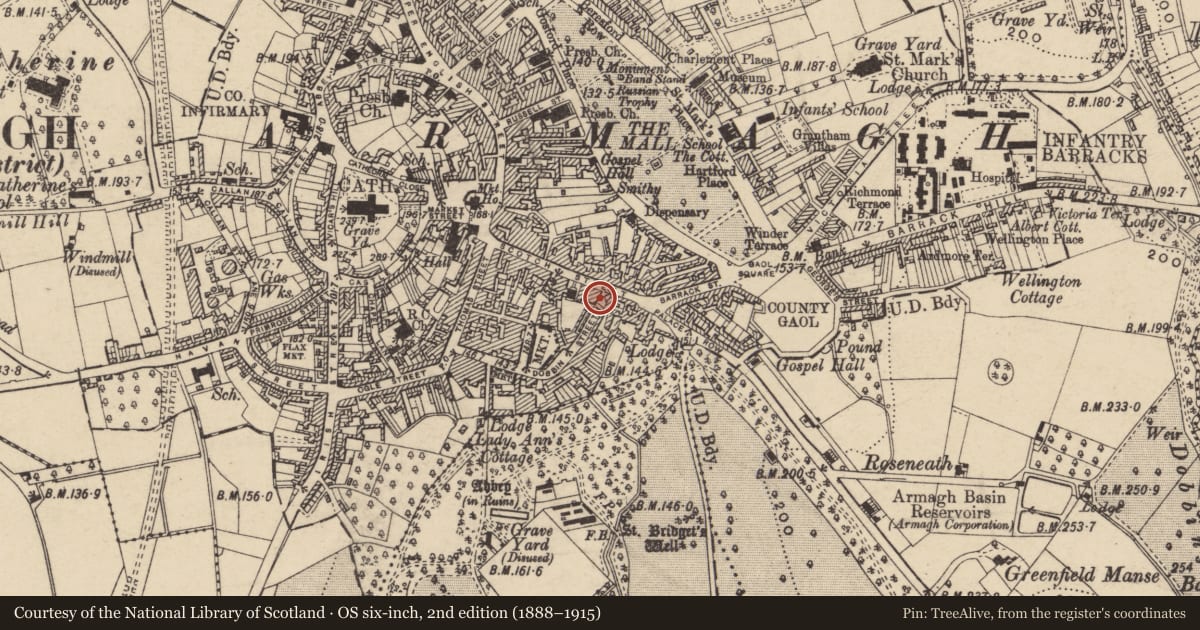 Ordnance Survey six-inch map, 2nd edition (1888–1915) covering the location of 22-24 Scotch Street &, Armagh City, Banbridge and Craigavon, with a pin at the register's coordinates