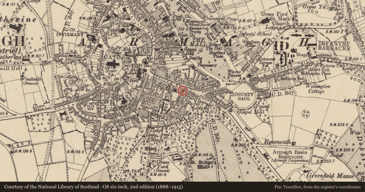 Ordnance Survey six-inch map, 2nd edition (1888–1915) covering the location of 26 Scotch St., Armagh City, Banbridge and Craigavon, with a pin at the register's coordinates