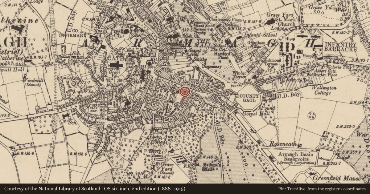 Ordnance Survey six-inch map, 2nd edition (1888–1915) covering the location of 30 Scotch St., Armagh City, Banbridge and Craigavon, with a pin at the register's coordinates