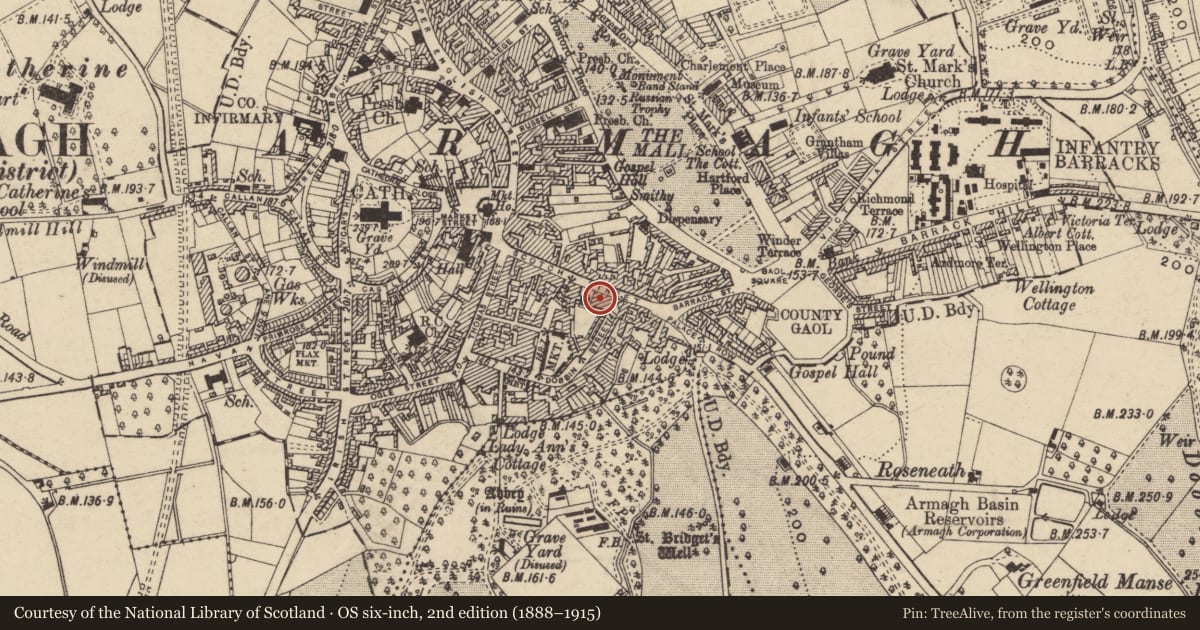 Ordnance Survey six-inch map, 2nd edition (1888–1915) covering the location of 32 Scotch St., Armagh City, Banbridge and Craigavon, with a pin at the register's coordinates