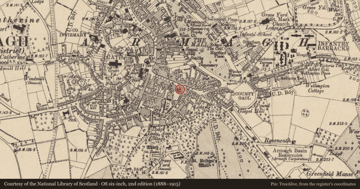 Ordnance Survey six-inch map, 2nd edition (1888–1915) covering the location of 34 Scotch St., Armagh City, Banbridge and Craigavon, with a pin at the register's coordinates